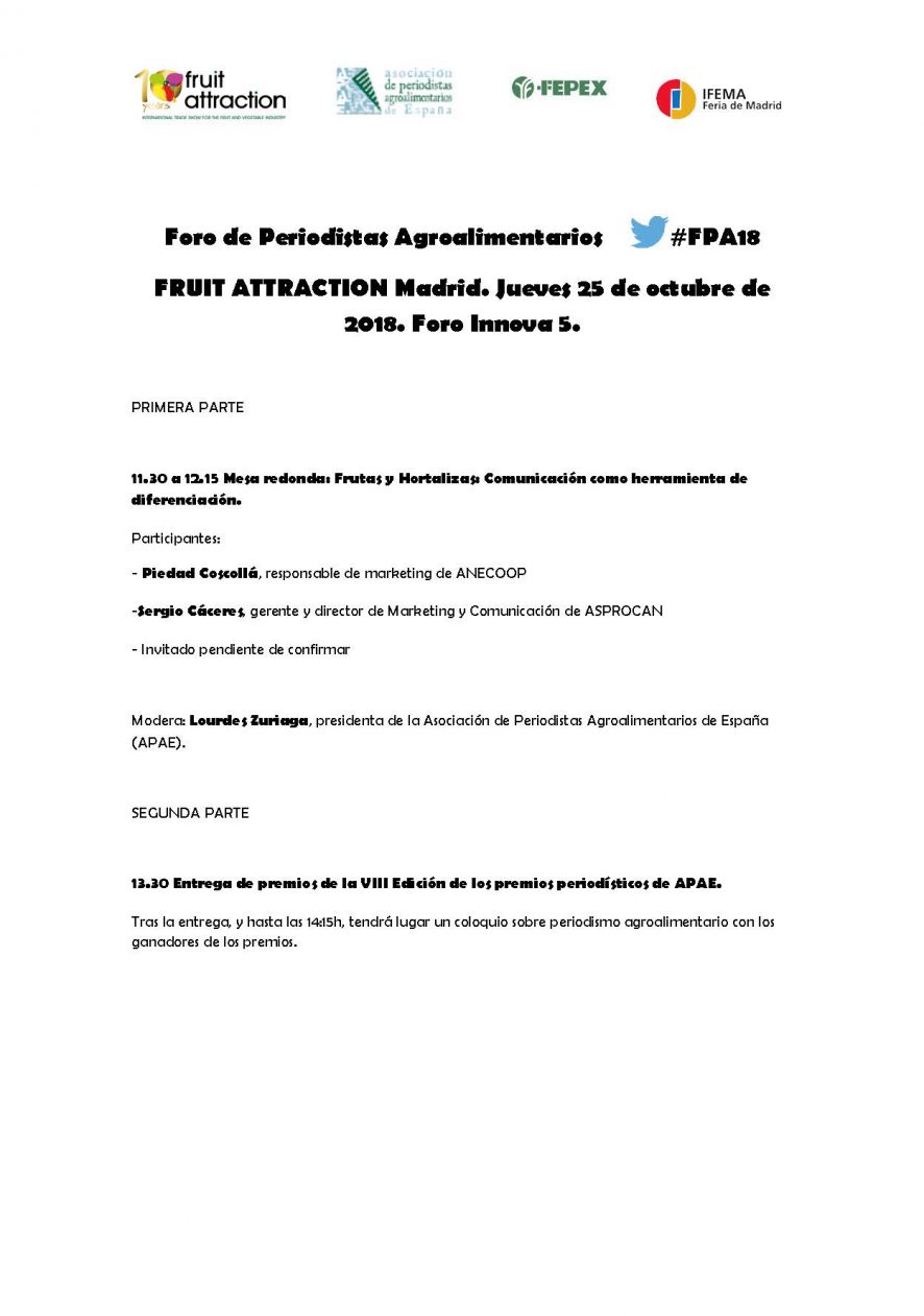 Avance: Foro de Periodistas Agroalimentarios. 25 de octubre en Fruit Attraction.